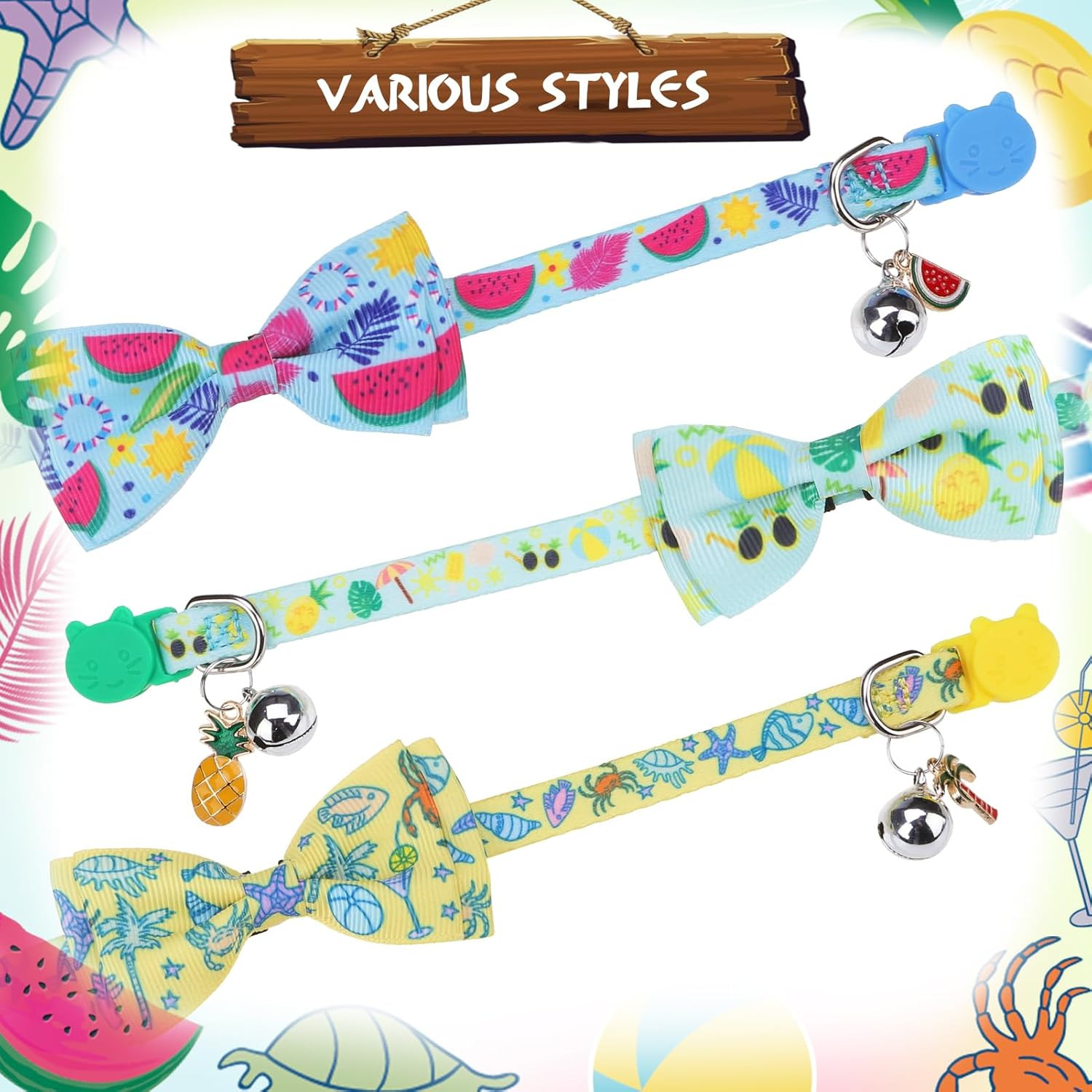 Summer Bow Tie Cat Collar with Bell - Breakaway Safety 3-Pack, Adjustable Bowtie