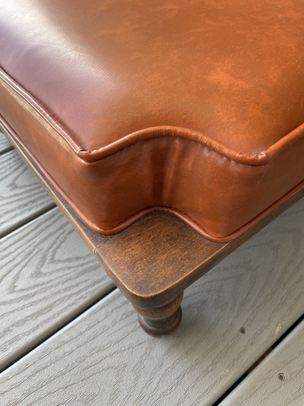 Ethan Allen Bronze Vinyl Cushion Top Solid Wood Base Vtg Ottoman Footstool