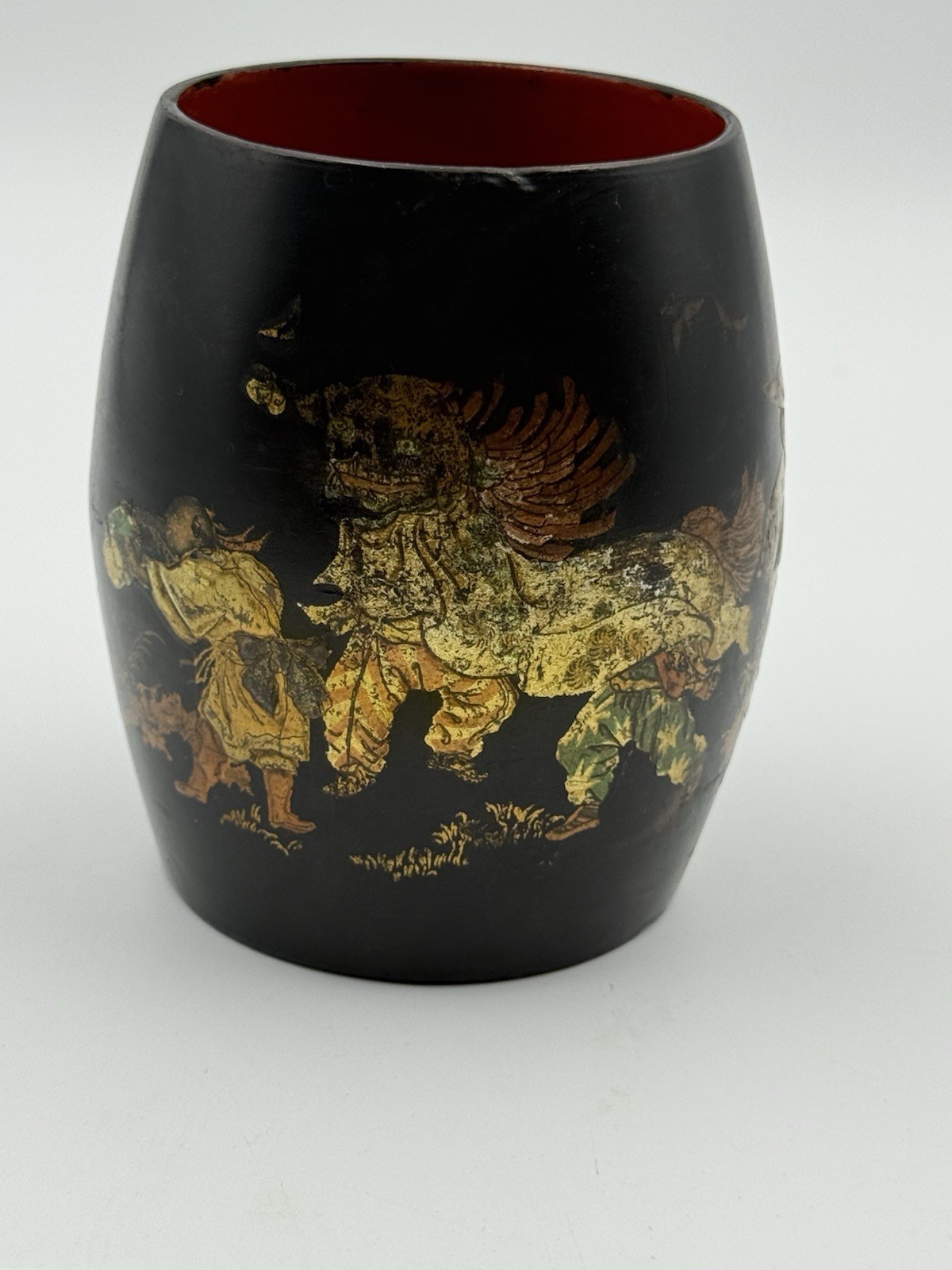 Antique Vietnamese Sơn Mài Lacquer Brush Pot • Múa Lân Lion Dance • Hand Painted