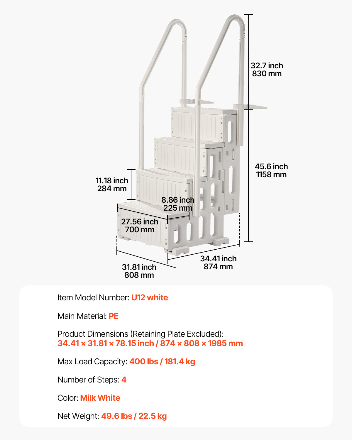 4-Step White Pool Ladder of Double Handrails Supports 400 lb for 48-54 In Pools