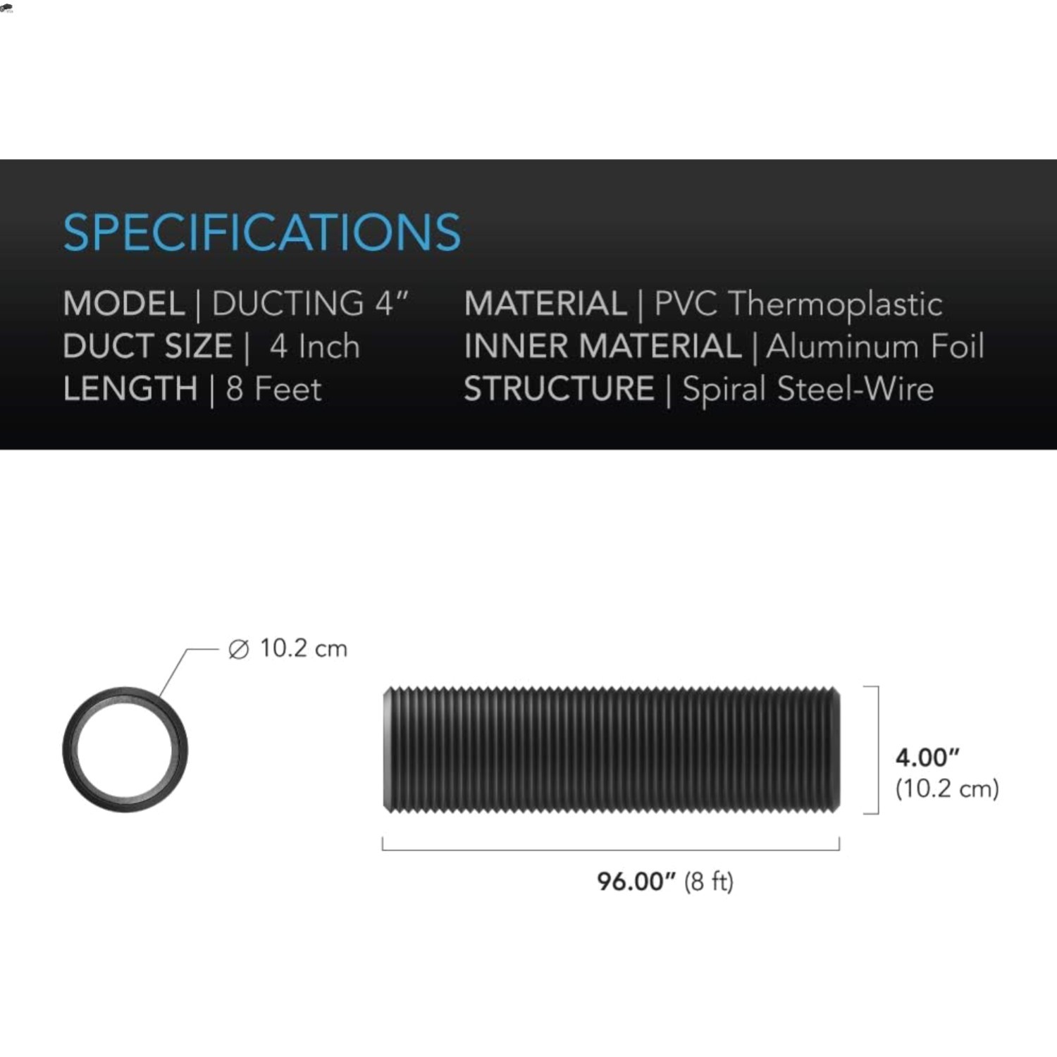 Flexible 4-Inch Aluminum Ducting, Heavy-Duty Four-Layer Protection, 8-Feet Lo...