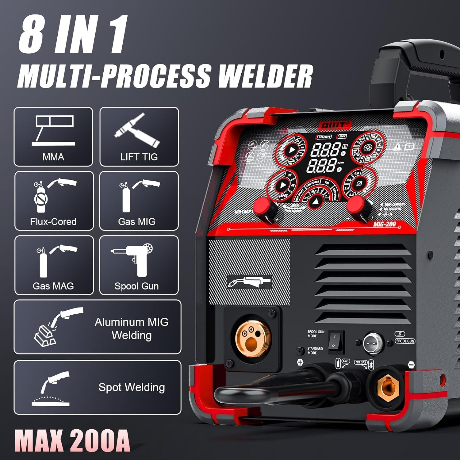 AWT MIG Welder, 200A, 110/220V 8 in 1 Aluminum Multi Process Welding Machine
