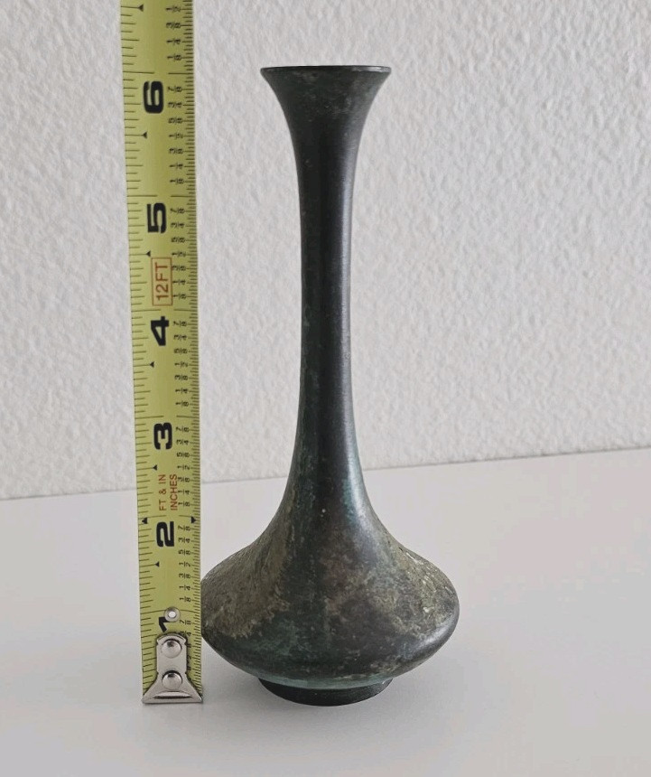 Antique Bronze Bud Vase Green Patina Bulbous Base Flared Neck Art Nouveau Flower