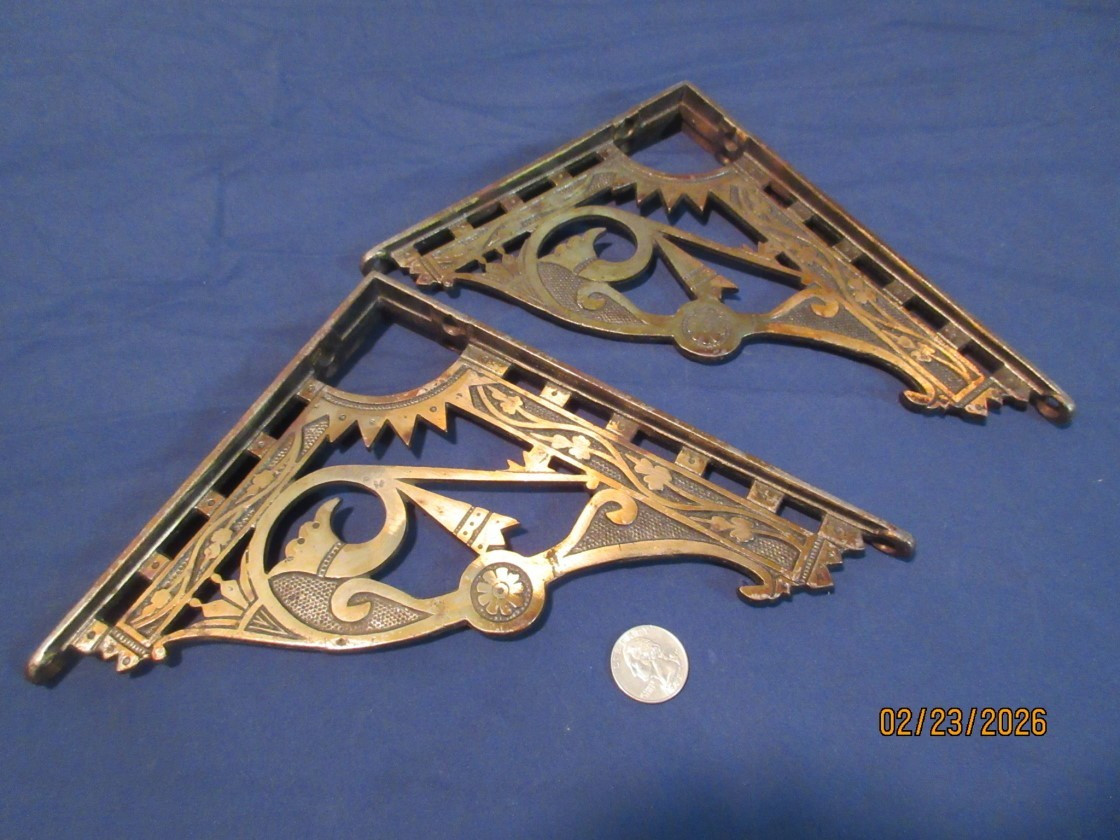 2 Antique Victorian Shelf Brackets Iron w/bronze wash. 6.75" x 8.25" 1890's