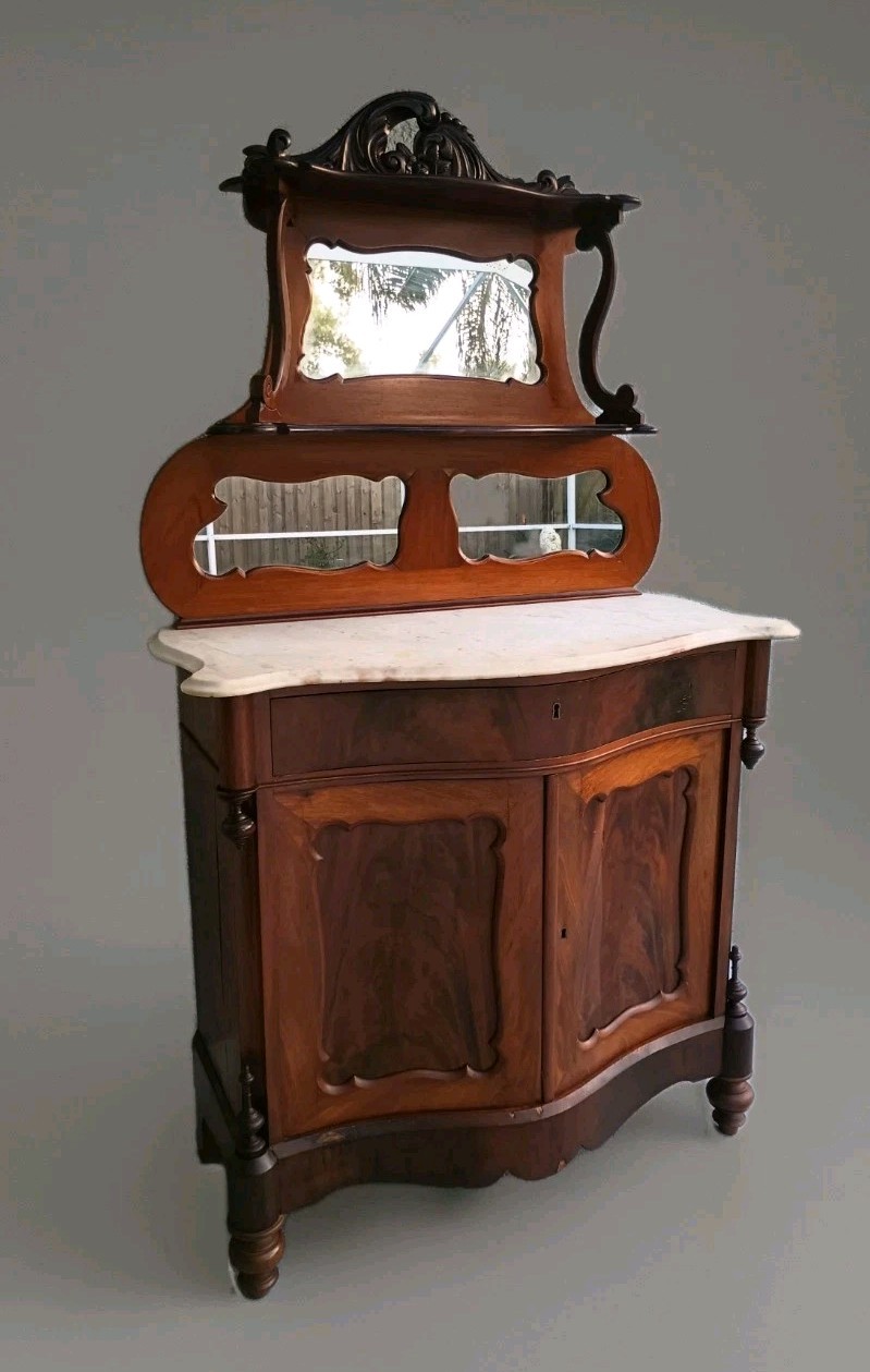 Antique Serpentine Mahogany Dresser Marble Top & Mirror Shelf Entryway Table
