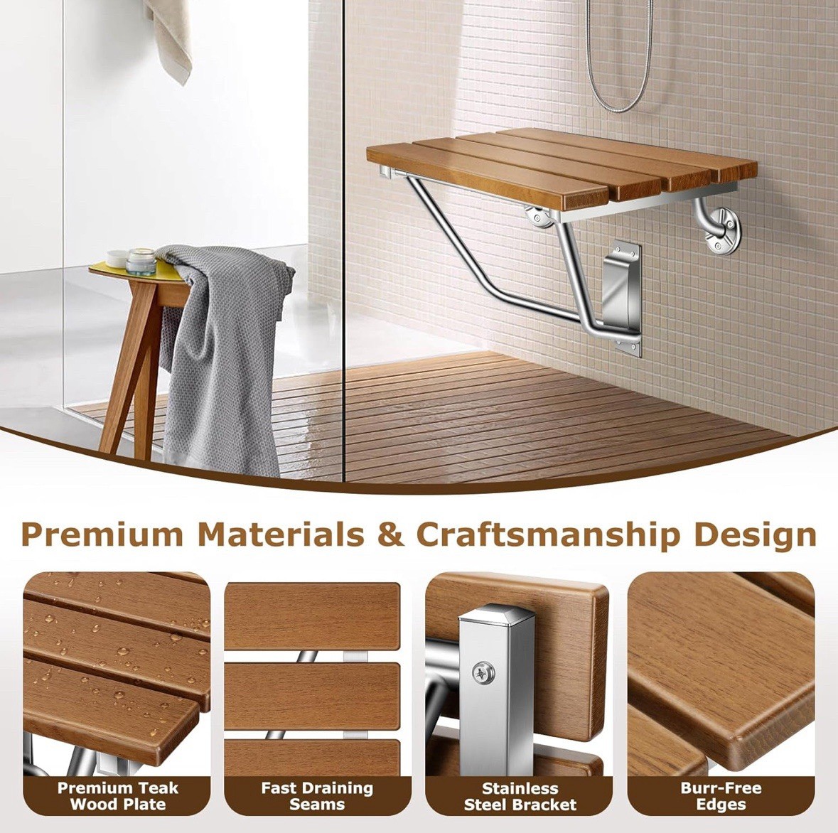 FOLDING SHOWER SEAT WALL MOUNTED 20” WITH STAINLESS STEEL BRACKET, 500 LBS