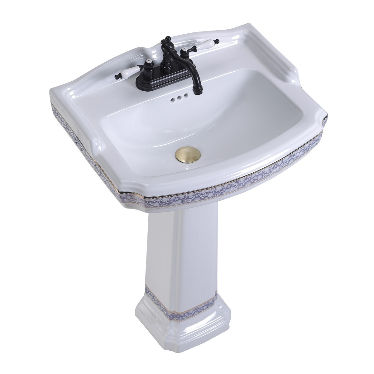 India Reserve White Bathroom Pedestal Sink Porcelain with Blue and Gold Finish
