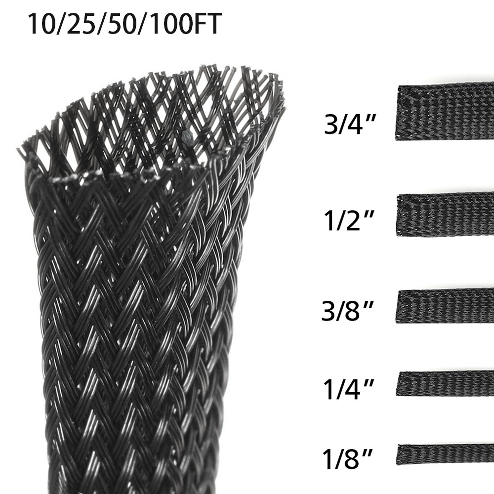 ALL SIZES 10‑100 FT Expandable Braided Cable Sleeving Wire Loom Nylon Tubing LOT