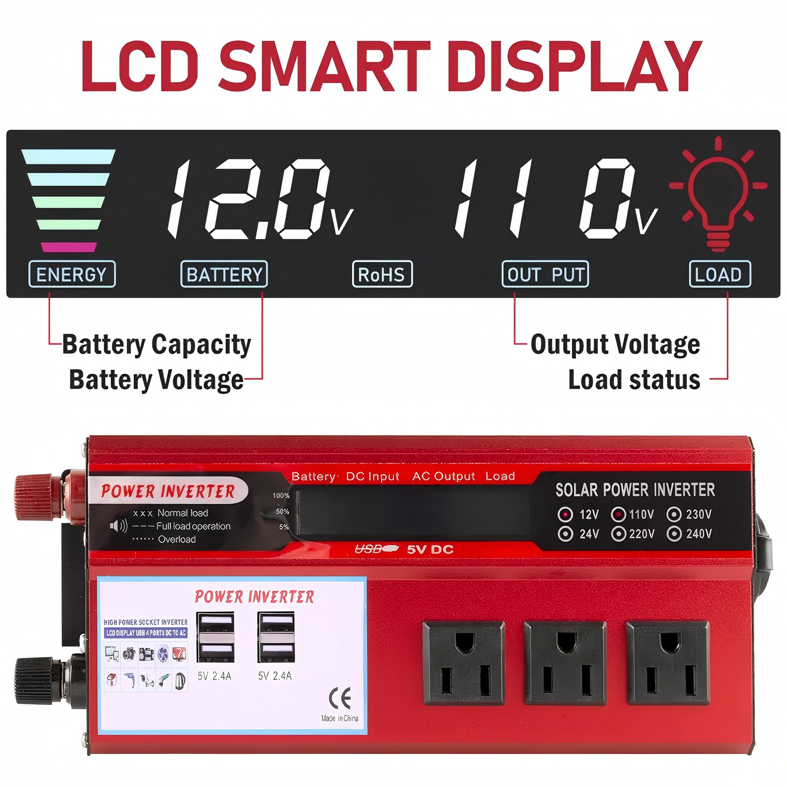 Car Power Inverter 5000W DC 12V To AC 110V Pure Sine Wave Solar Converter 4 USB