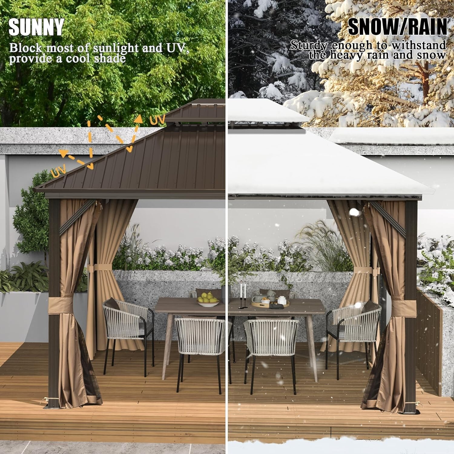 Domi 10’ x 14’ Hardtop Gazebo Outdoor Aluminum Gazebo w/Curtains and Net, Brown