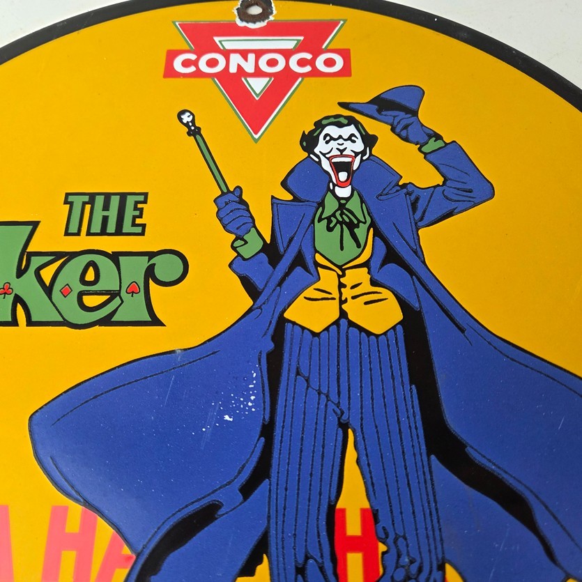 Vintage Conoco Gasoline Porcelain Sign - Joker Batman N-Tane Comic Gas Pump Sign