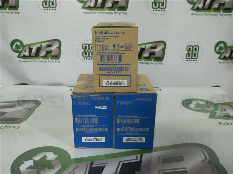 Konica Minolta Toners A95W130 Black, A95W230 Yellow, A0X5232 Yellow, Lot of 3