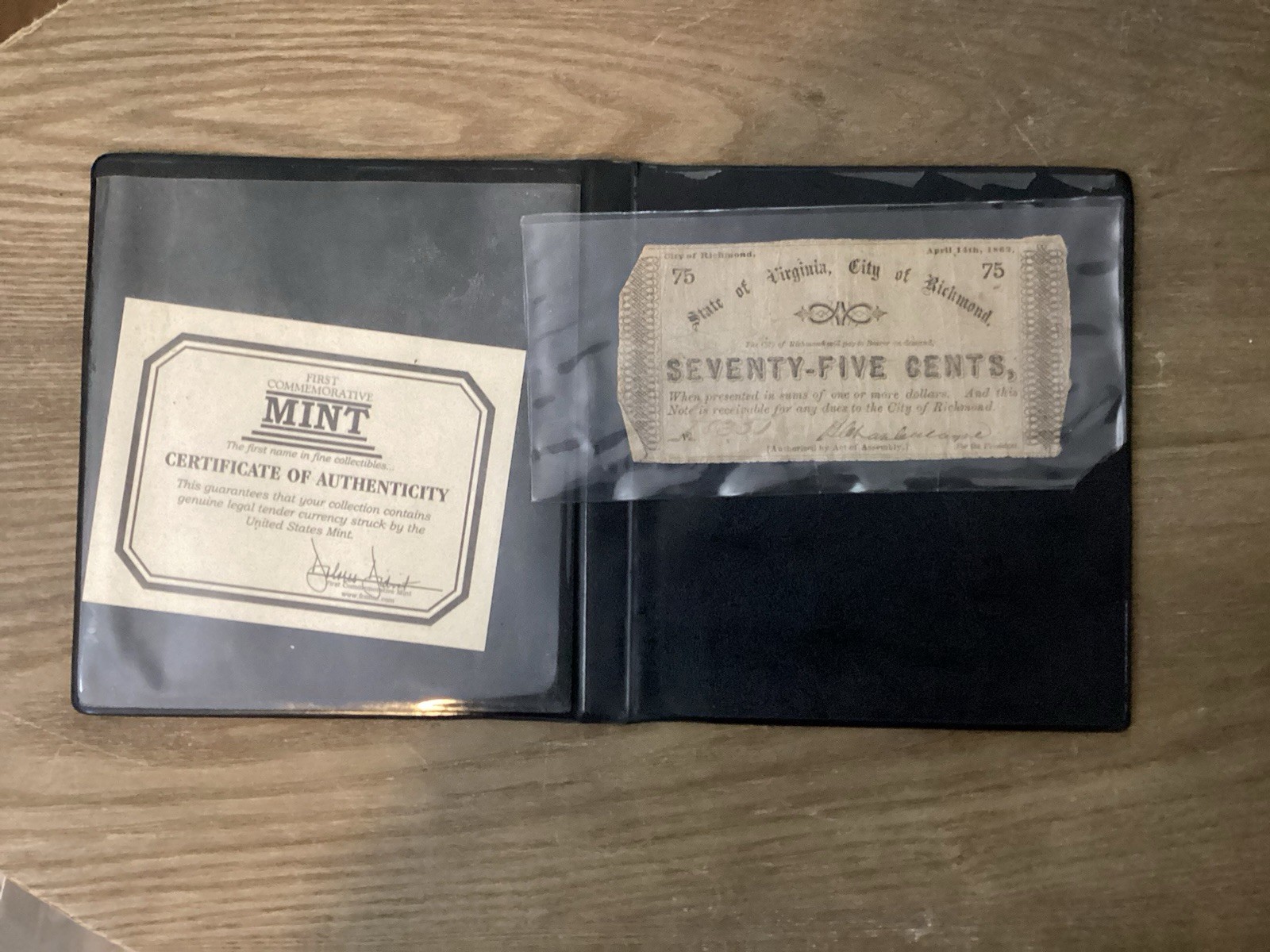 1862 Richmond Virginia 75¢ Obsolete Banknote Civil War Era Currency w/COA