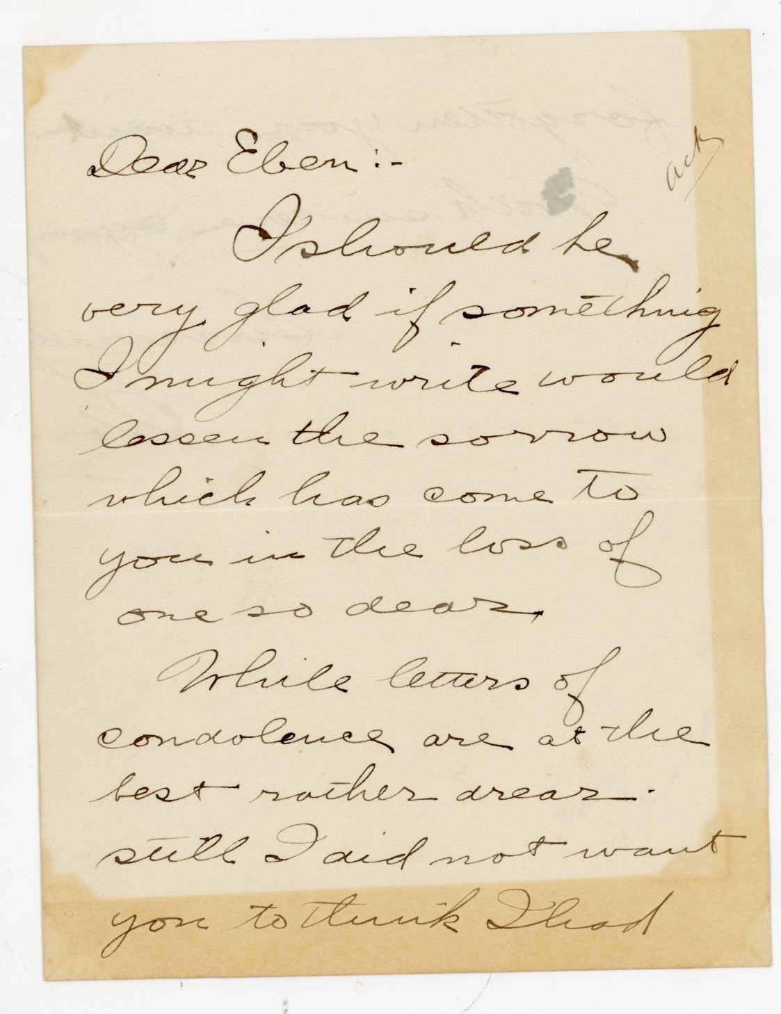 Handwritten Condolence Letter C1930's  Sympathy Note “Dear Eben” Boston Dewing