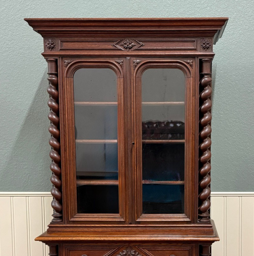Antique French Bookcase & Chest of Drawers Display Cabinet Barley Twist Oak