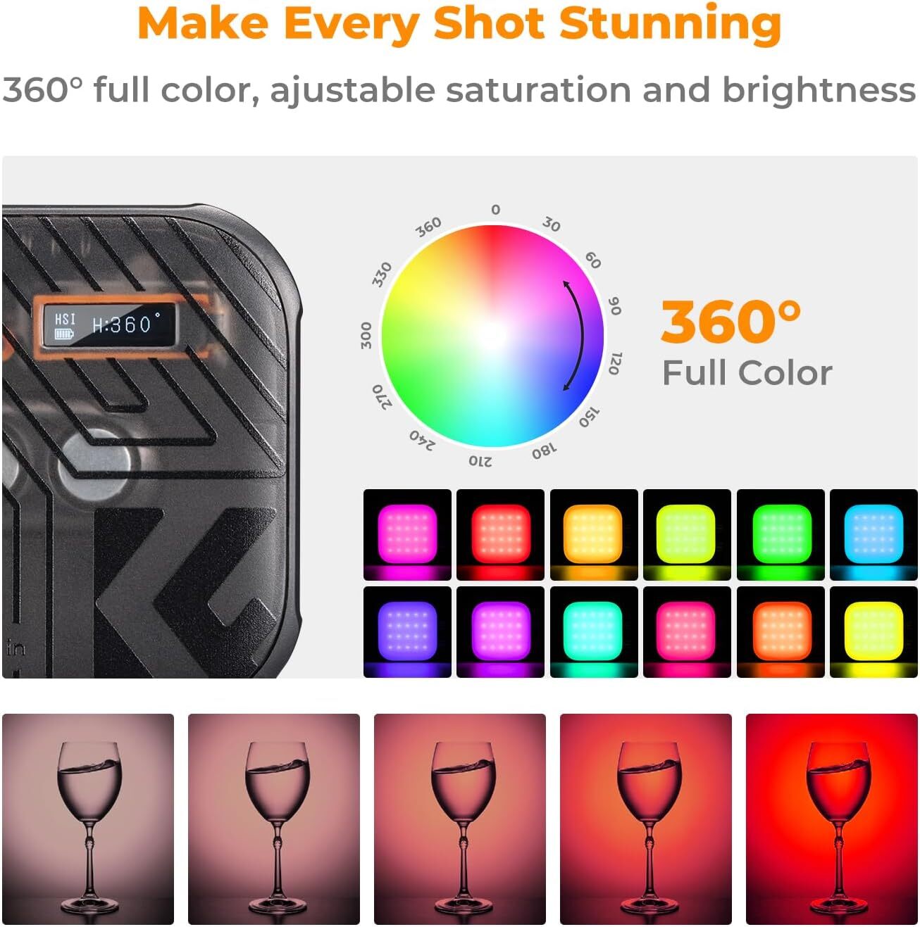 K&F Concept Portable RGB Video Light 360° Full Color LED Camera Light for Selfie