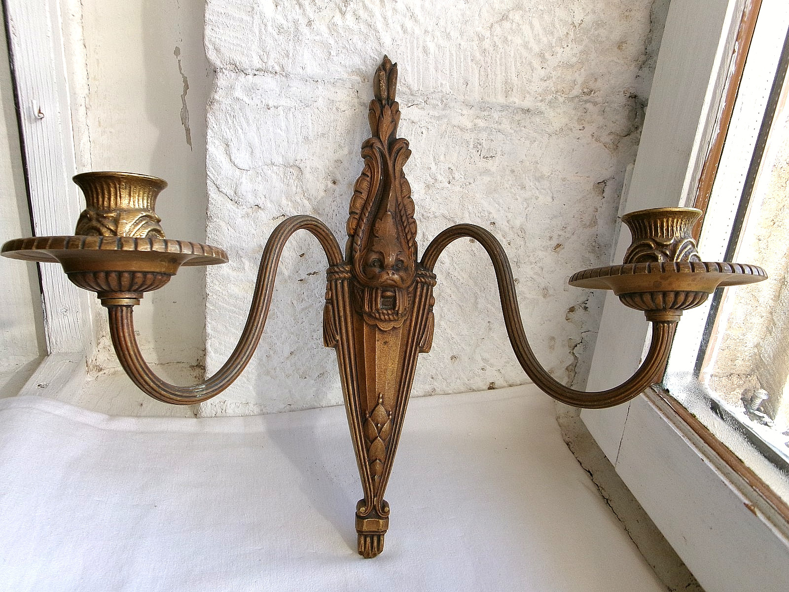 French 1  antique brass bronze wall  candle holder  ornately pattern