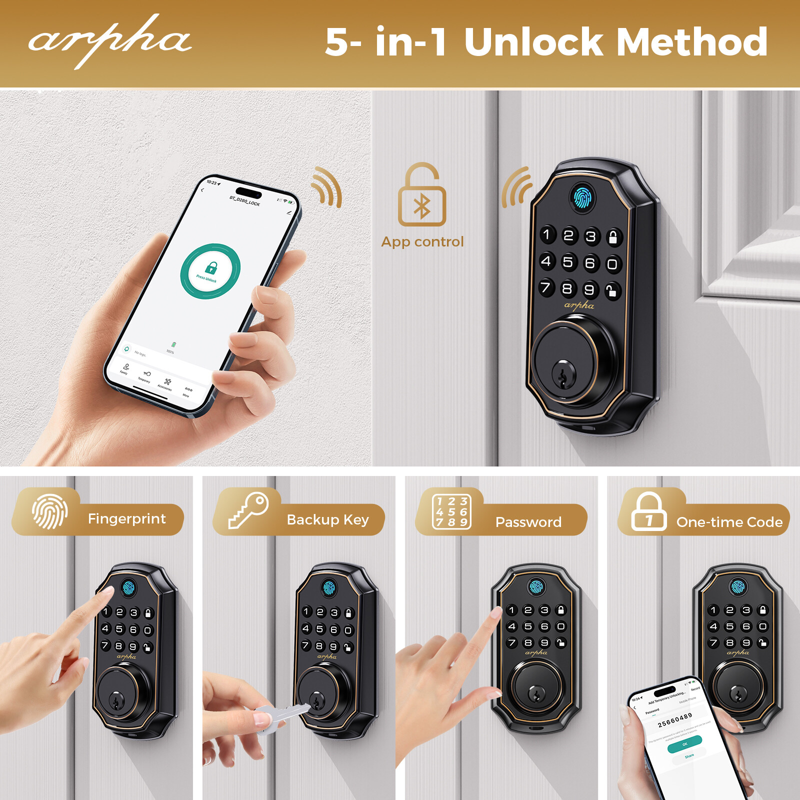 ARPHA Fingerprint Door Lock Biometric Smart Lock APP Bluetooth Keyless Deadbolt