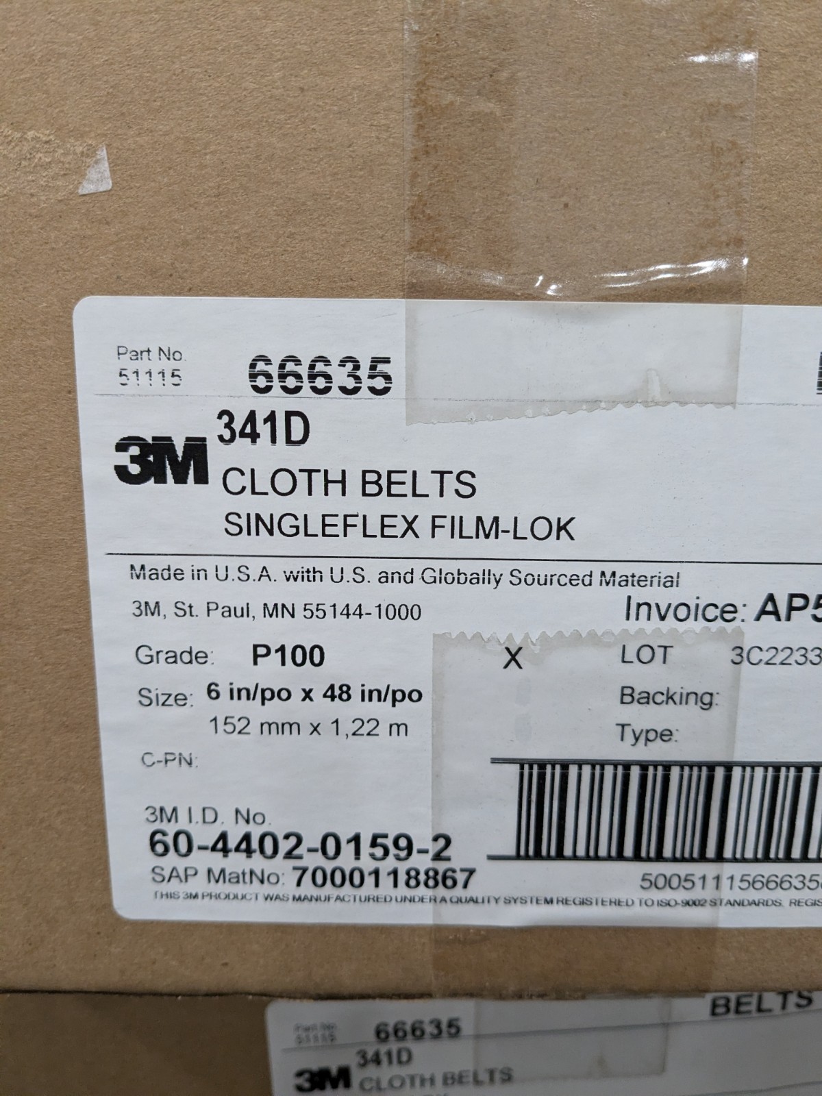 (20) 3M Abrasive Belt: 6" Wide, 48" OAL, 100 Grit, Aluminum Oxide 51115666353