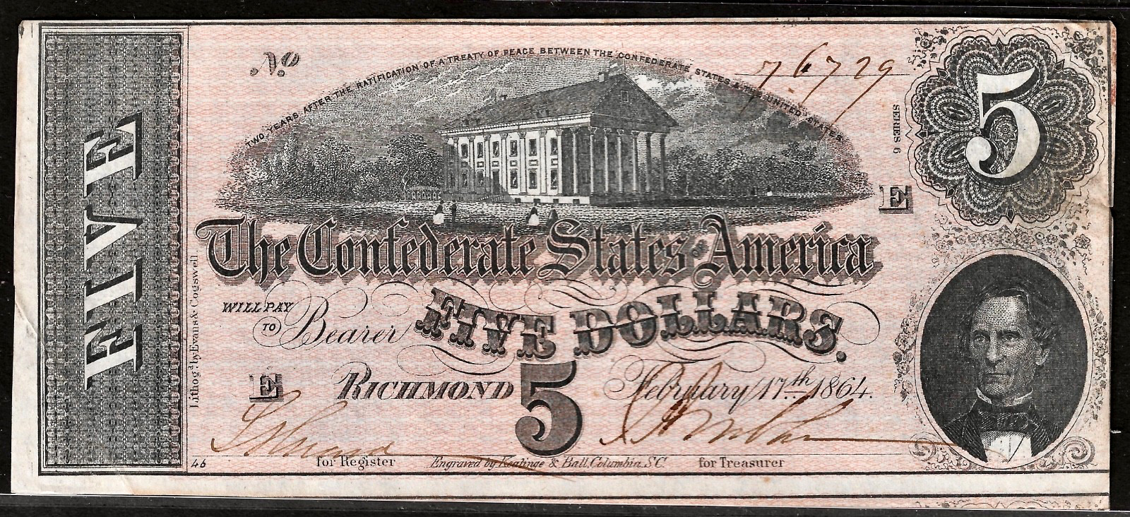 1864 CONFEDERATE STATES AMERICA CURRENCY $5 Dollar Note S/N 76729 T-69 Cr. 564