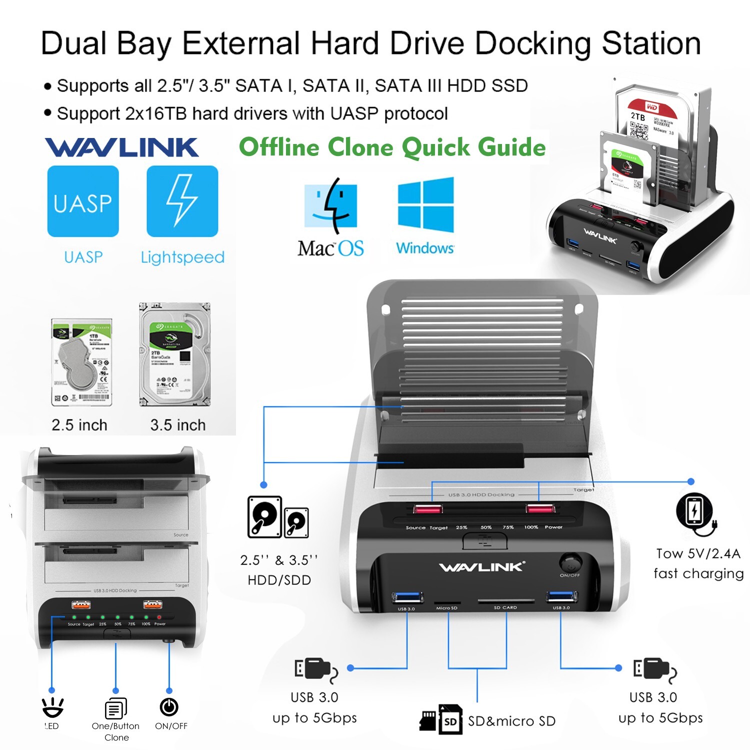 USB 3.0 to SATA 2.5" 3.5" SSD HDD Hard Drive Docking Station SD Card Reader Hub