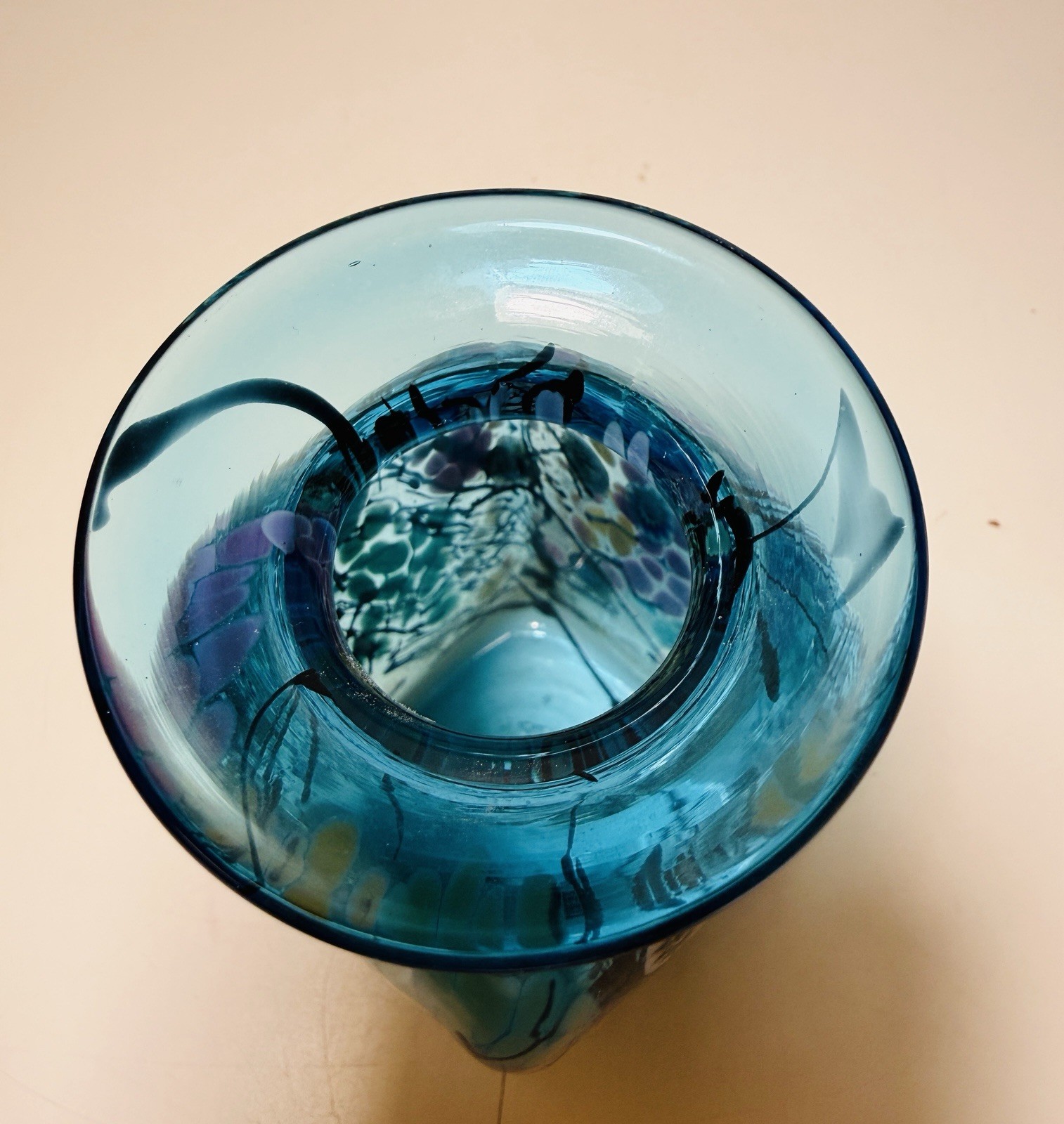 Herb A. Thomas Art Glass Hand Blown Blue Millefiori Floral Vase Signed HAT 4.5”