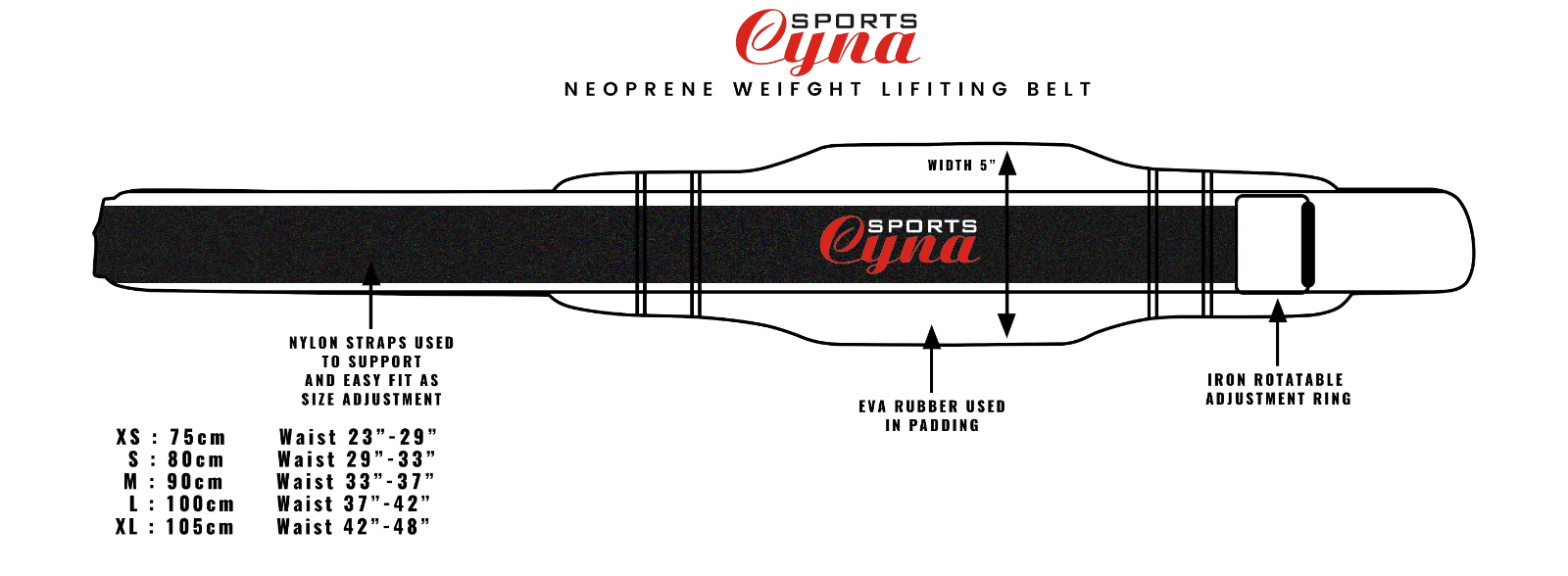 CynaSports Weight Lifting Neoprene Belt Gym Fitness Back Support Adjustable