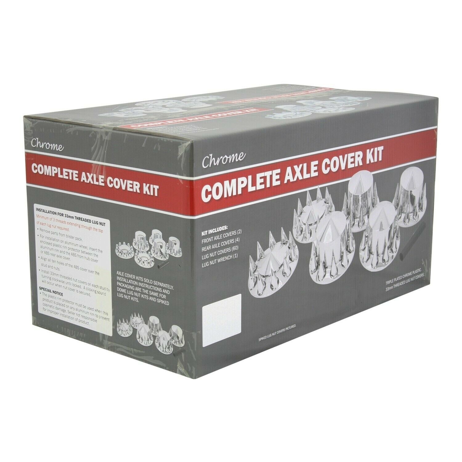 Chrome Hub Cover Kit 33mm Front & Rear Semi Truck Wheel Axle Covers Spiked