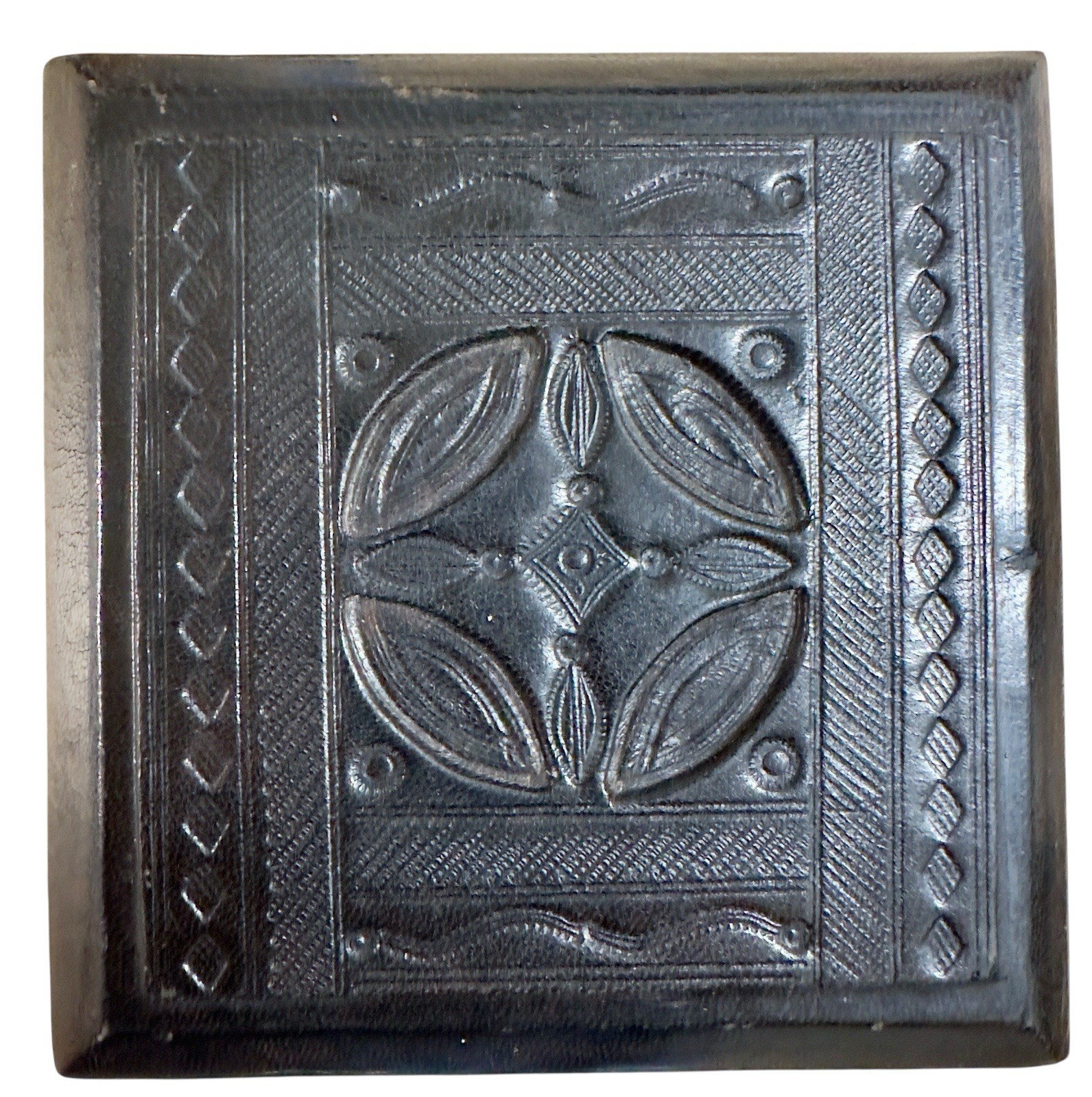 Vintage Saharan Tuareg Hand Tooled Camel Black Leather Talisman Box West Africa