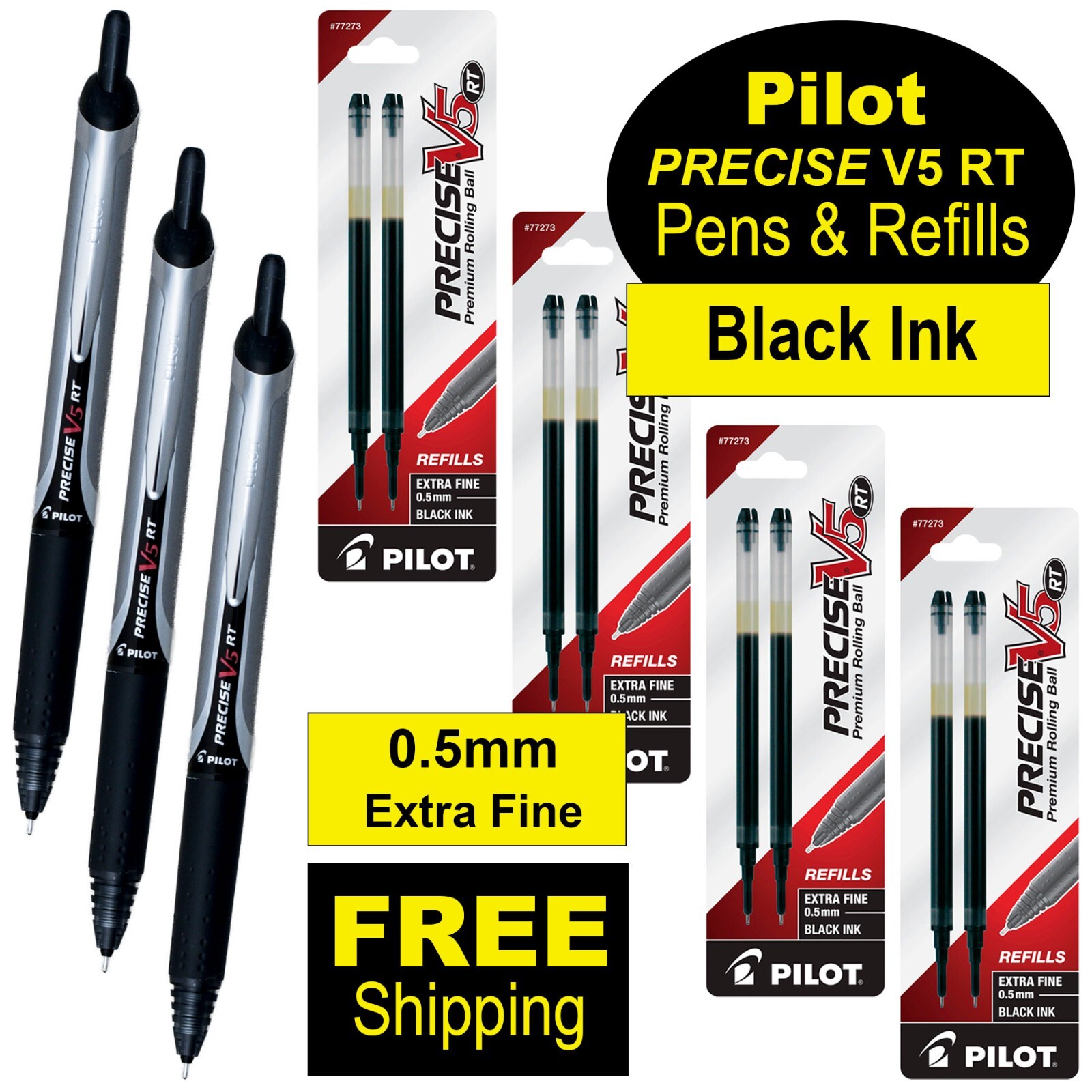 Pilot Precise V5 RT, 3 Pens With 4 Packs of Refills, Black Ink, 0.5mm X-Fine