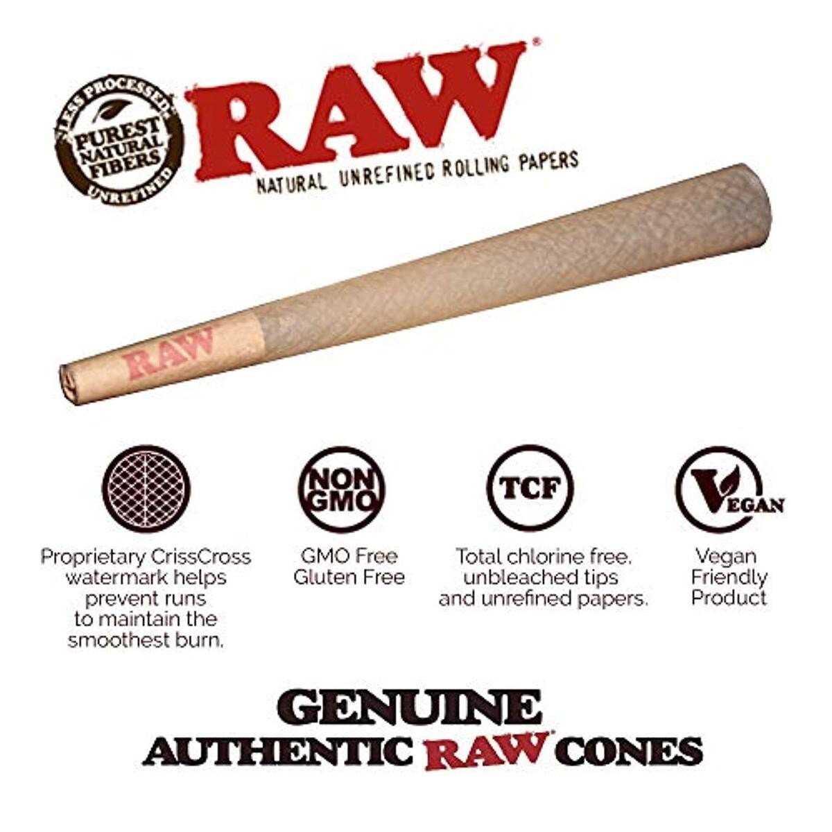 Authentic RAW Classic King Size Pre-Rolled Cones 100 Pack & Tube & Lighter