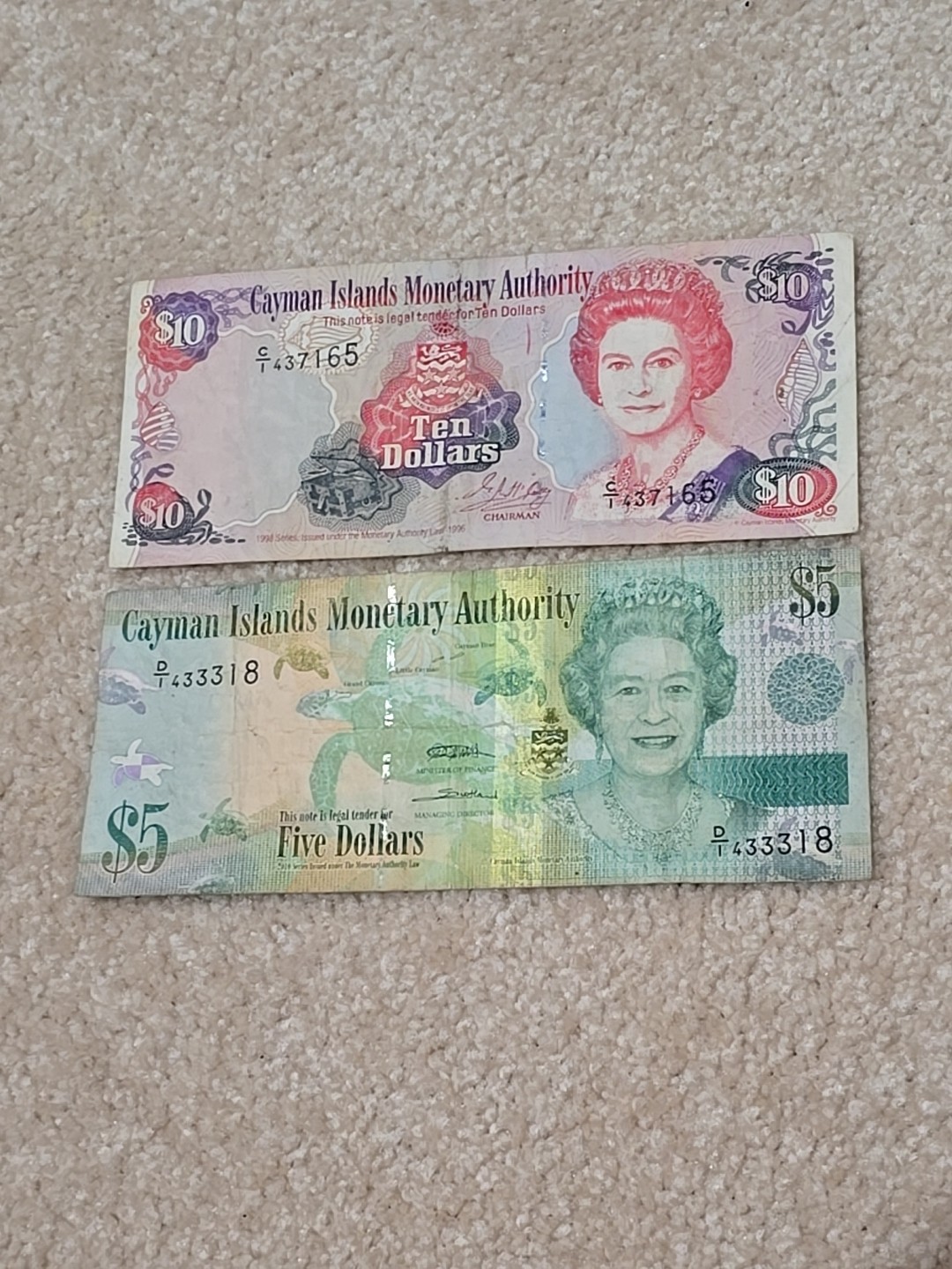 1996 Cayman Islands $10 Ten Dollars + 2010 $5 Five Dollar Notes QE2 Banknotes