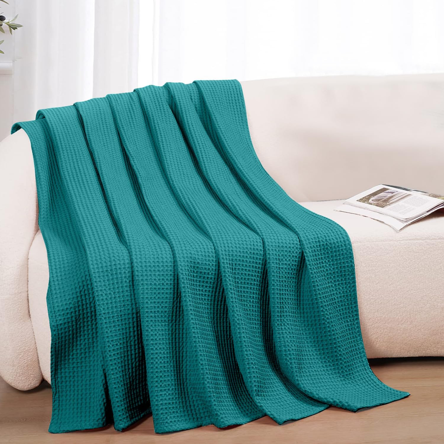 100% Cotton Waffle Weave Blanket Lightweight Soft Teal Throw 50 x 60