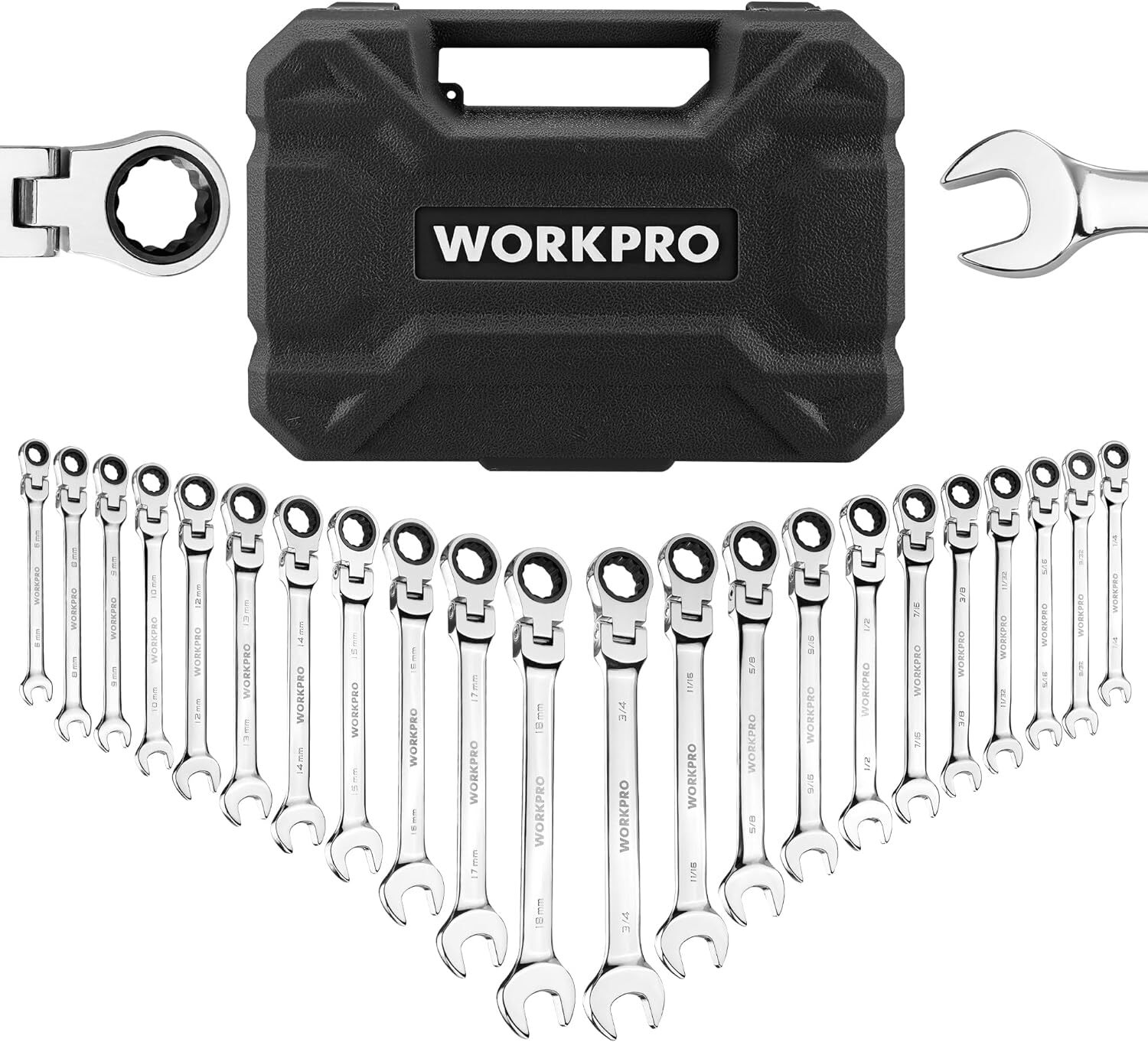 22-Pieces Ratcheting Flex-Head Combination Wrench Set Metric 6-18mm&SAE 1/4-3/4"