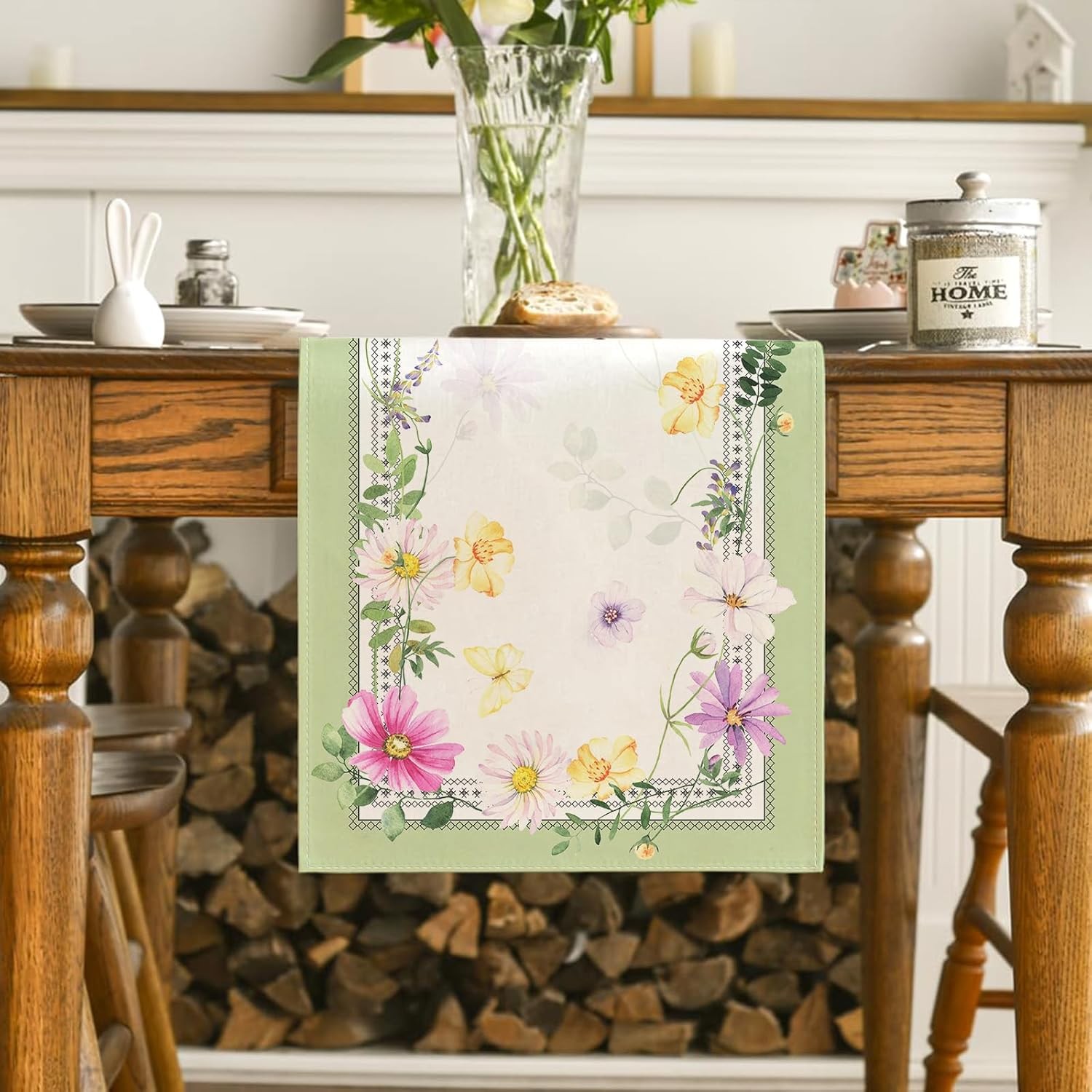 Farmhouse Spring Table Runner Flower Floral Table Cover Pastel Green Leaf Decor
