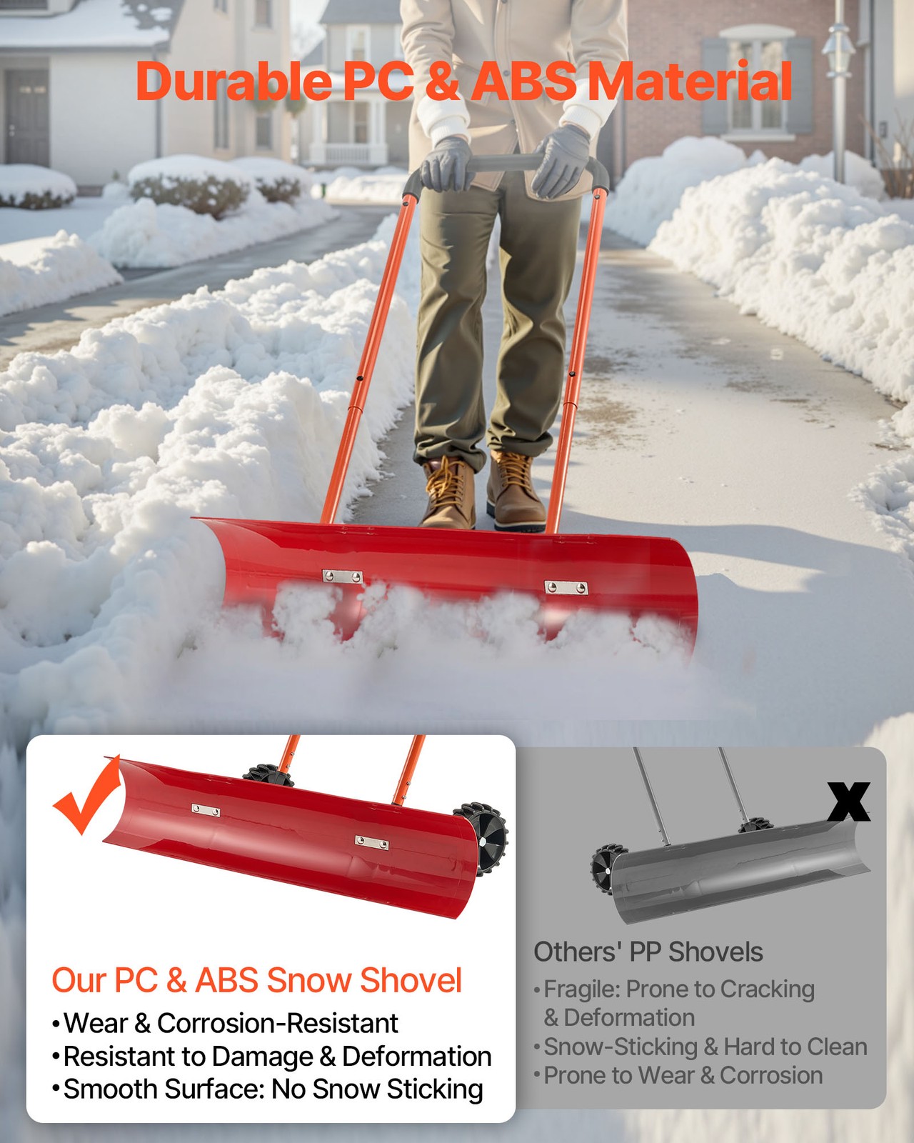 VEVOR Snow Pusher Shovel w/ Wheels 37.8 in Snow Removal Shovel Plow for Driveway