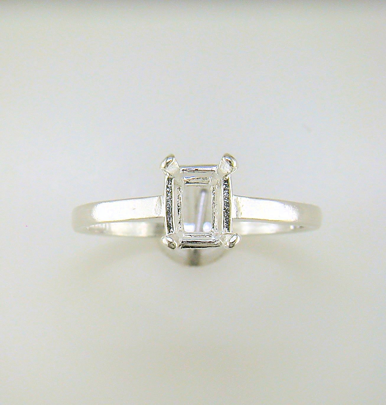 Four Prong Emerald Cut Solitaire Ring Setting Sterling Silver