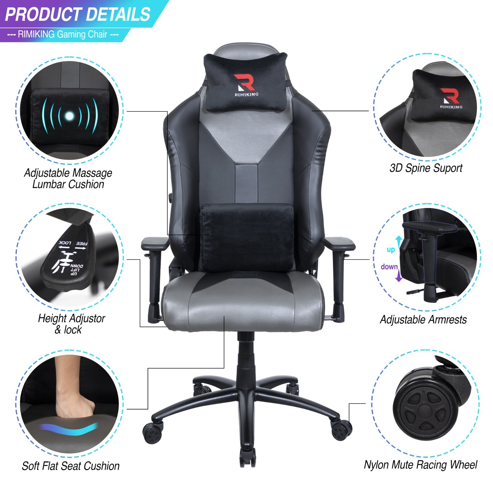 Rimiking Gaming Chair - Carbon Grey, Brand NEW, Ergonomic. Vibrating Seat Pillow