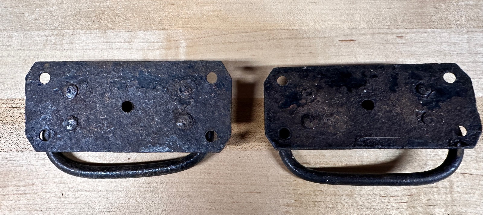 2 Vintage Forged Iron Trunk Handles, 4" Drop Pulls Tool Box, Blanket Chest