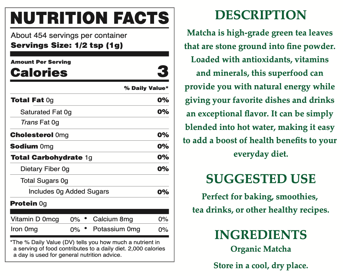 USDA Certified Organic Matcha Green Tea Powder, 1 LB Bag