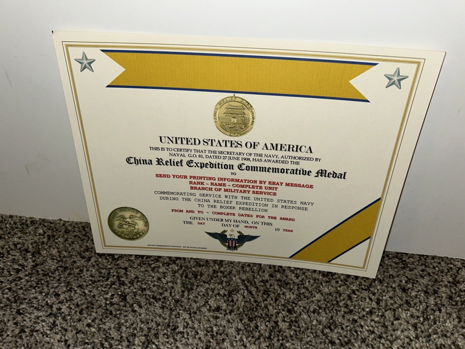 CHINA RELIEF EXPEDITION COMMEMORATIVE MEDAL CERTIFICATE ~ W/PRINTING TYPE-1