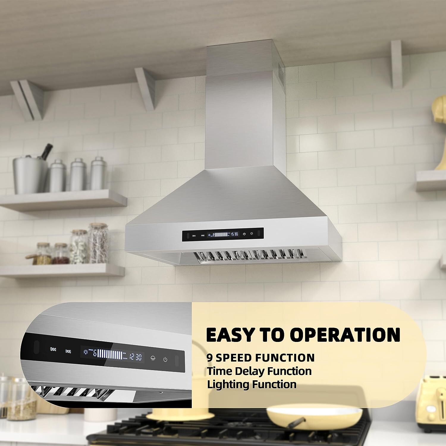30inch Wall Mount Kitchen Range Hood Stainless Steel 900CFM 9Speed Touch Control