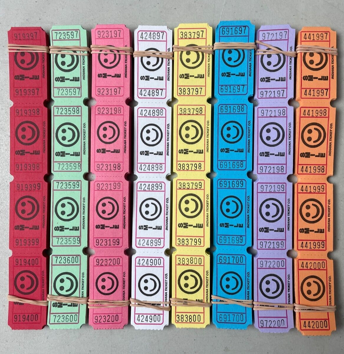 Lot of 800 Single Raffle Tickets Smile Face 100 of Each Color Listed Smiley
