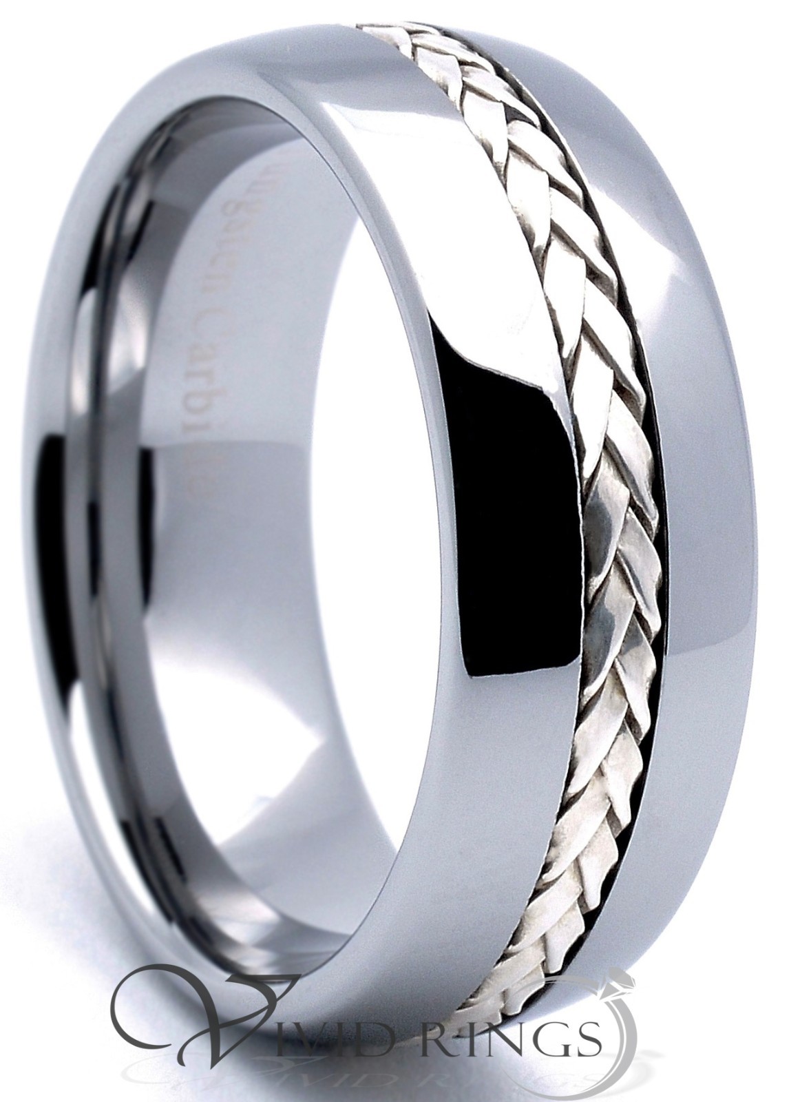 Men Tungsten Ring Dome Wedding Band 925 Silver Inlay 8mm 7.5 to 14.5