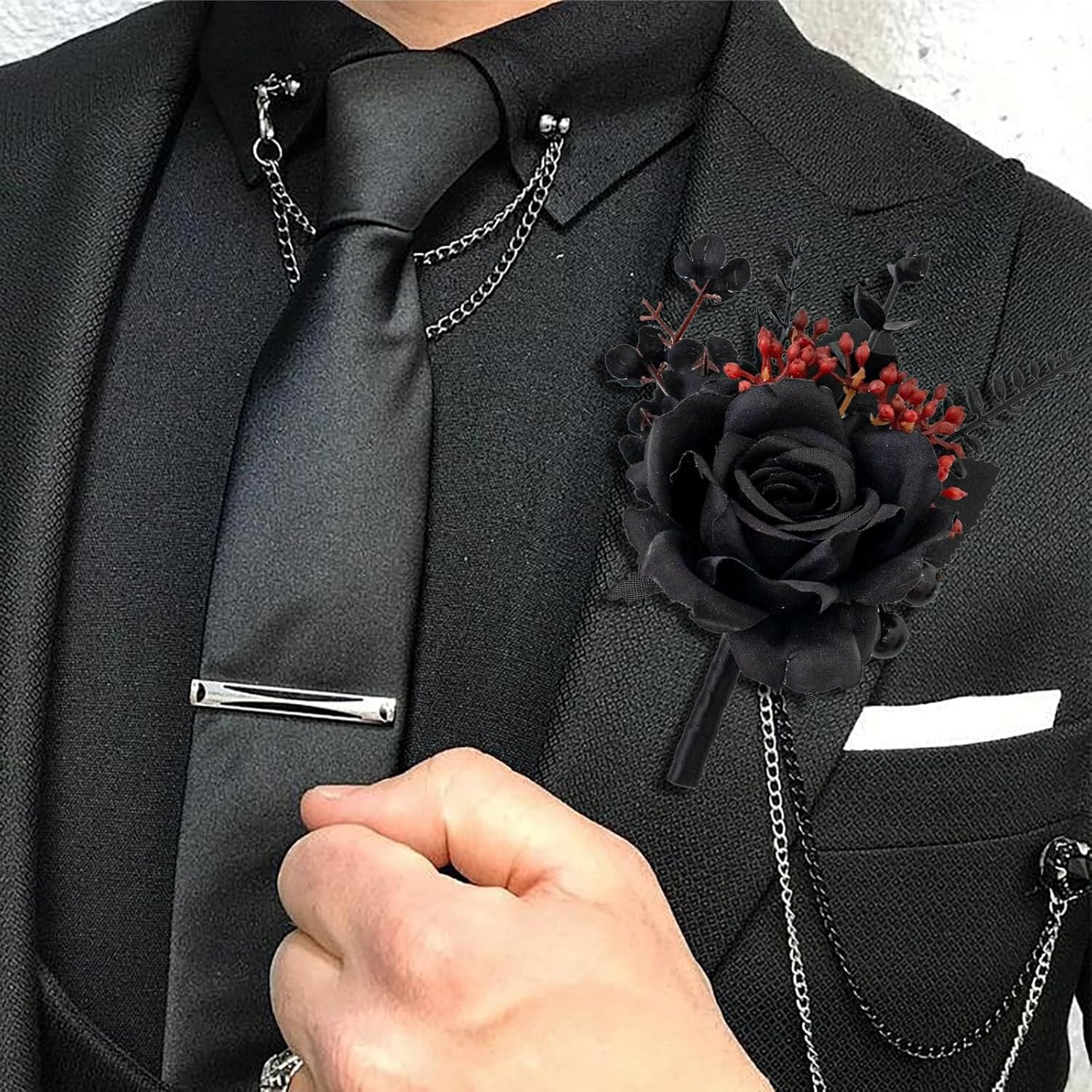 Gothic Black and Red Wrist Corsage and Boutonniere Set for Weddings and Prom