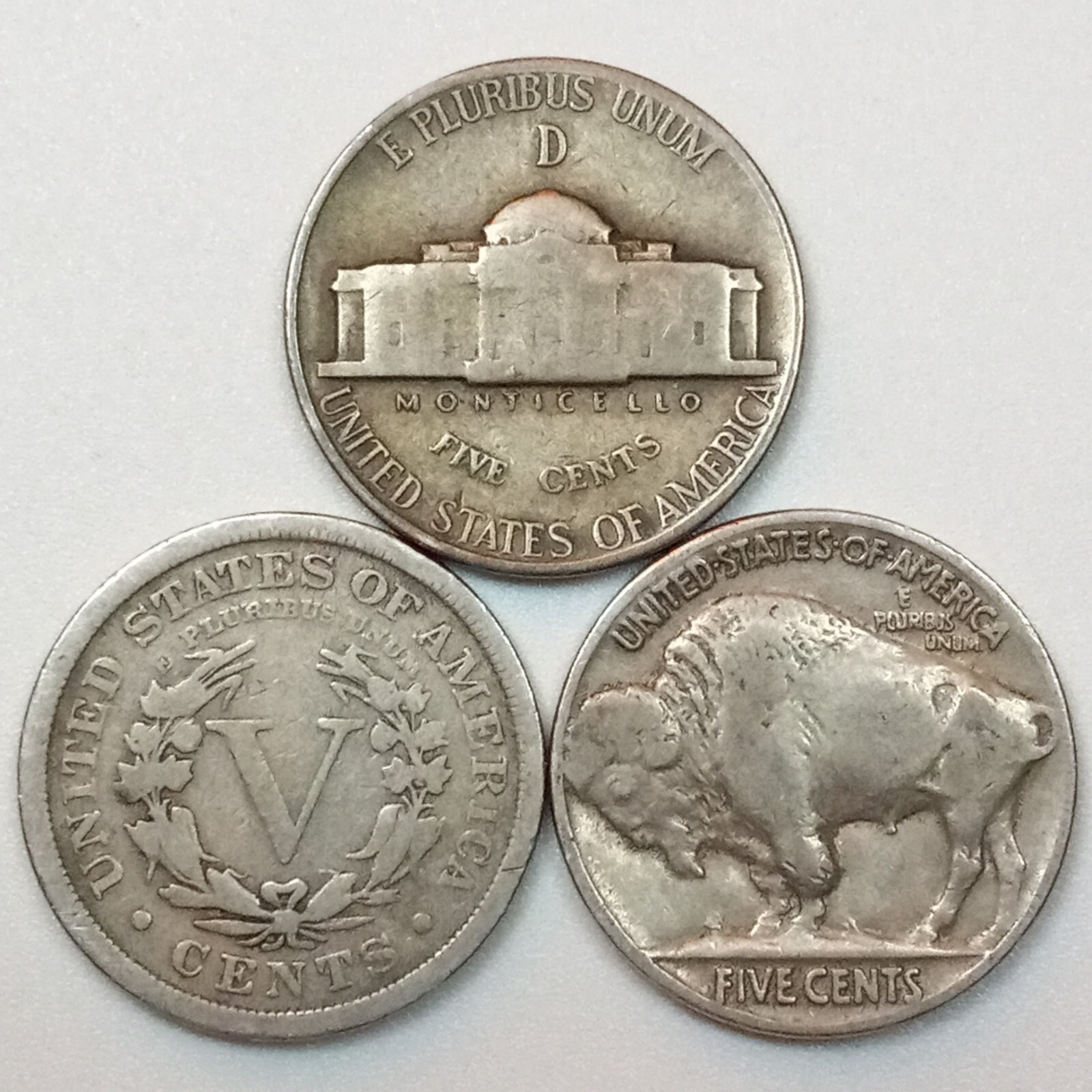 US COINS- Silver WW2 Nickel, Liberty Nickel, Buffalo Nickel- 3 Coin Set- NO JUNK