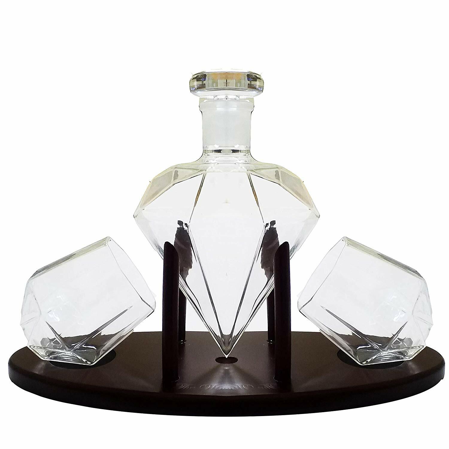 Diamond Whiskey Decanter With 2 Diamond Glasses Mahogany Wooden Holder