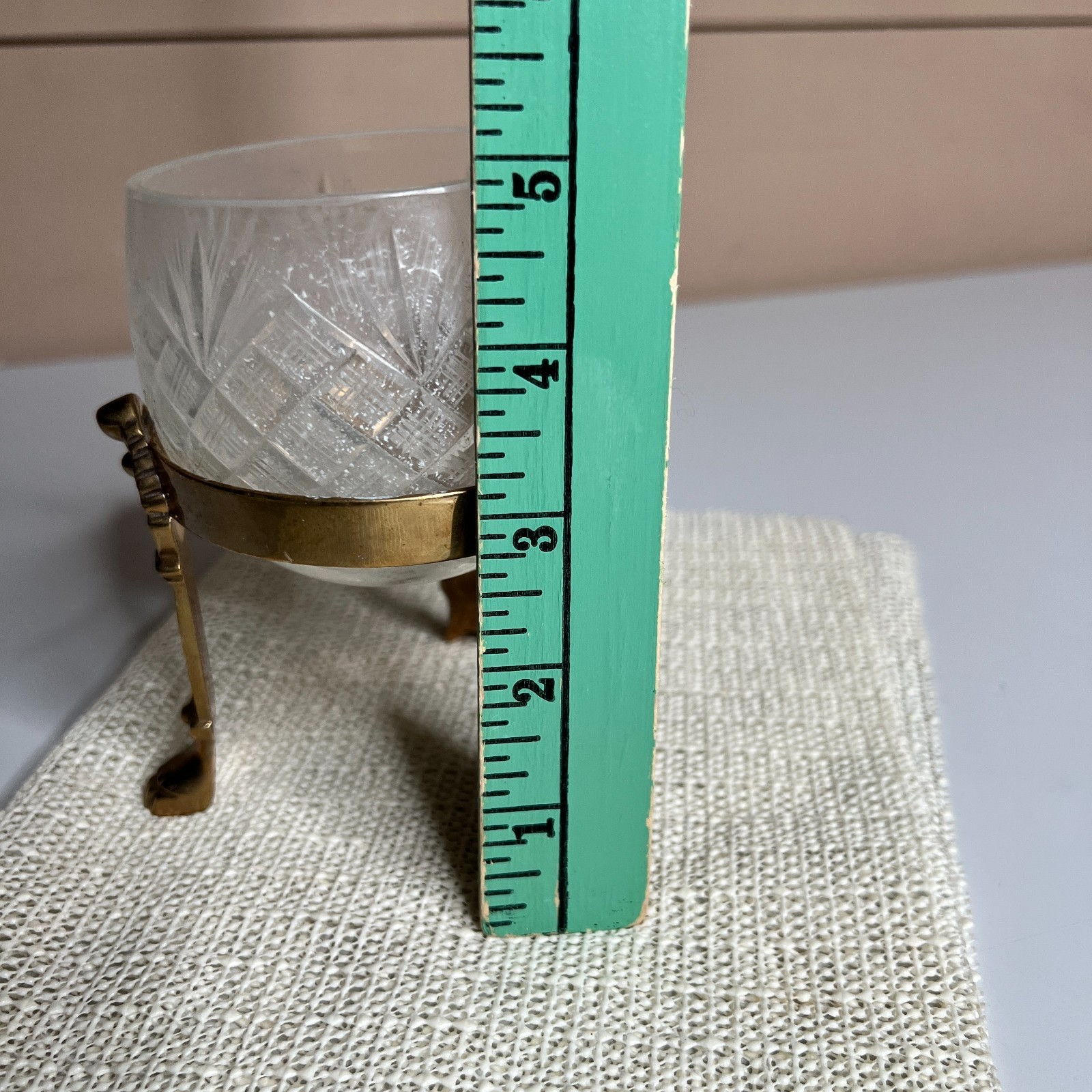 Vintage Brass Footed Cut Glass Bowl Crystal Open Salt Cellar Trinket Dish