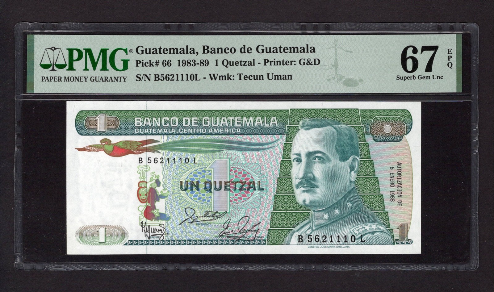 Guatemala One Quetzale 6-1-1988 P66 Uncirculated Graded 67