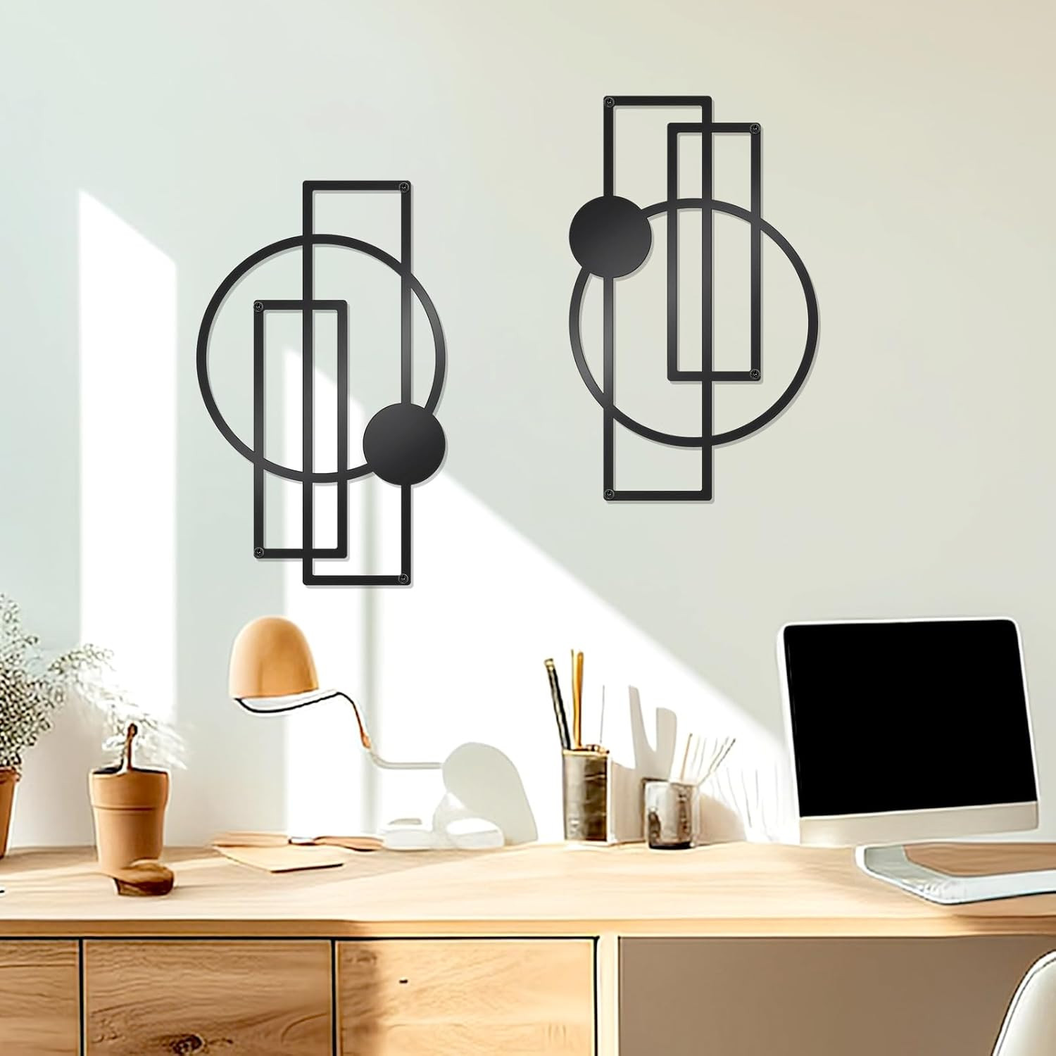 2 Pcs Metal Abstract Wall Art,Modern Geometric Decor (Black, Style 1)